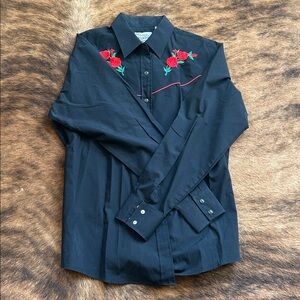 Black Shirt with Red Rose Embroidery